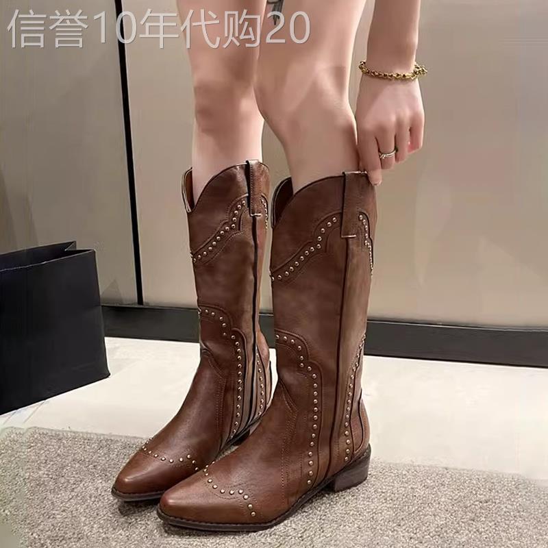 香港棕色美拉德靴子女2025秋季新款西部牛仔靴美式高筒骑士靴长靴