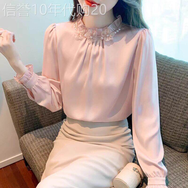 长袖雪纺衬衫女春秋季2026新款宽松高级感气质木耳边打底衬衣上衣