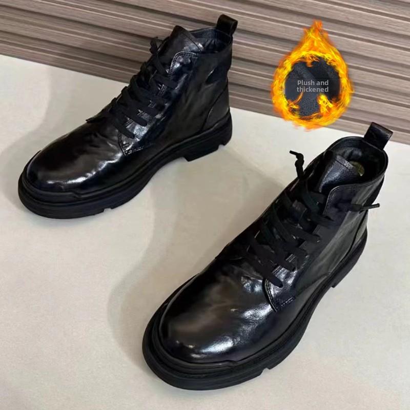 靴子男士中帮冬季天鹅绒2025新英伦风格工作服短靴男士高帮皮鞋真