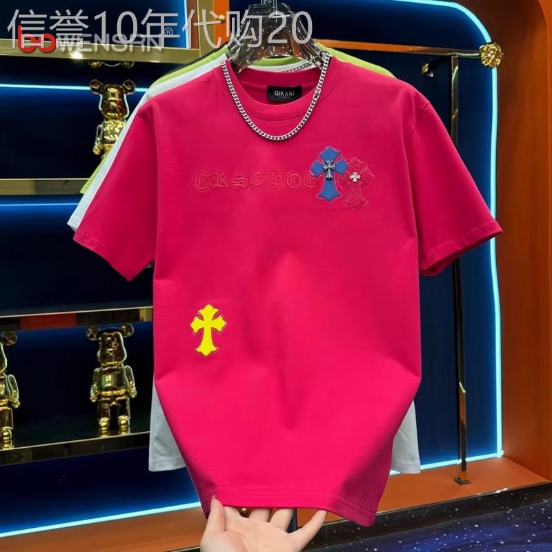 高端欧货玫红刺绣短袖t恤男士2025新款爆款夏季修身弹力半袖男款
