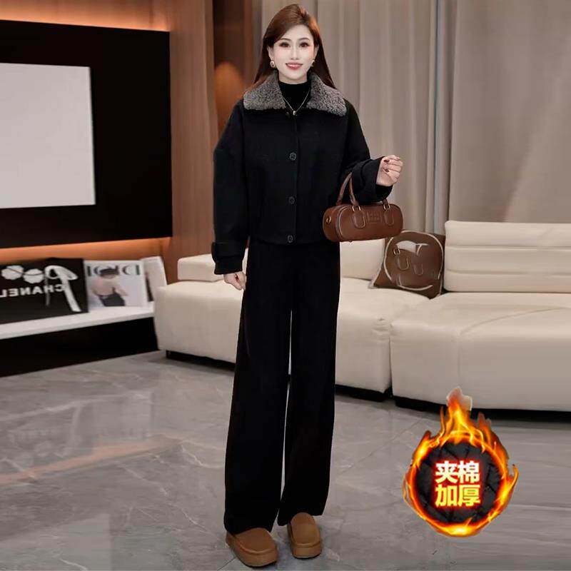香港代购时尚套装女冬季新款显瘦保暖夹棉毛呢短外套阔腿裤两件套
