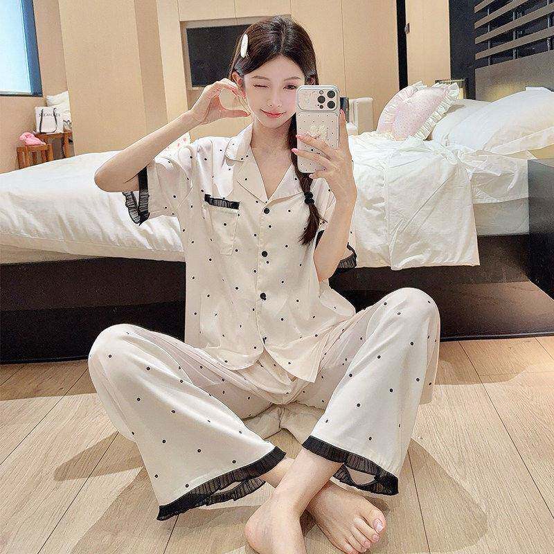 薇薇安｜冰丝睡衣女款夏季凉感甜美短袖长裤可外穿薄款家居服套装