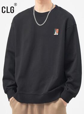 香港CLG潮牌360g重磅黑色圆领卫衣男生秋季新款宽松休闲刺绣上衣