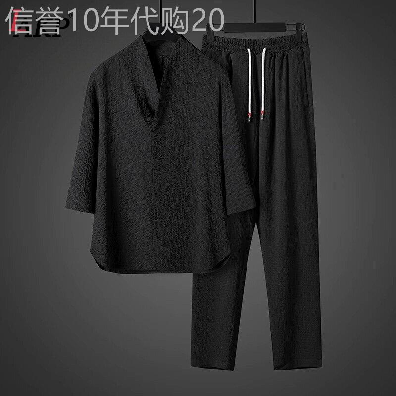 国风冰丝v领短袖T恤男士套装2026新款夏季中式汉服唐装长裤子男款