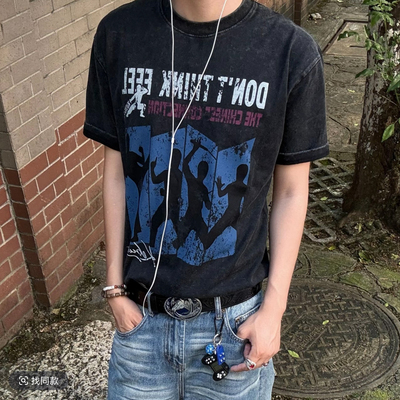 【KEBUSI】功夫龙哥复古水洗做旧短袖Vintage街头风boxyT恤男纯棉