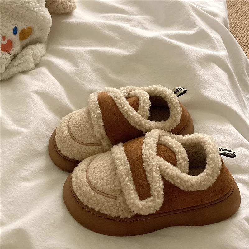 炒鸡厚实~！羊羔毛魔术贴保暖加绒棉鞋女冬季毛毛拖鞋厚底雪地靴