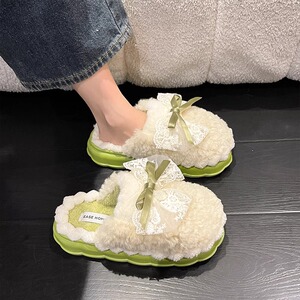 蝴蝶结棉拖鞋女士月子冬季保暖防滑室内家居2024新款毛毛拖鞋冬天