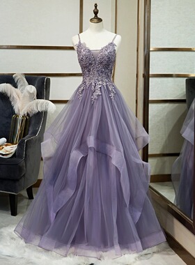 高端宴会晚礼服裙女紫色吊带高档声乐艺考森系彩纱仙气纱裙主持人