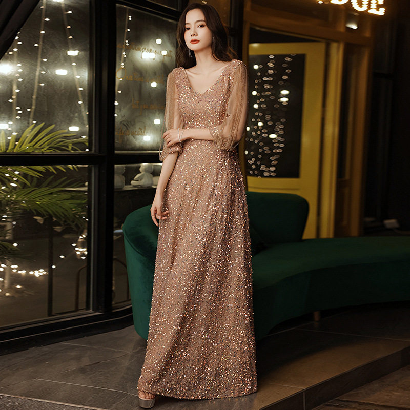 宴会晚礼服流苏V领亮片香槟色性感女王气质主持人礼服裙2026新款,女装/女士精品,婚纱,淘宝优惠券,粉丝福利购,淘宝优惠卷