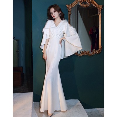 白色晚礼服裙女2025新款名媛宴会高端气质长款修身鱼尾主持人