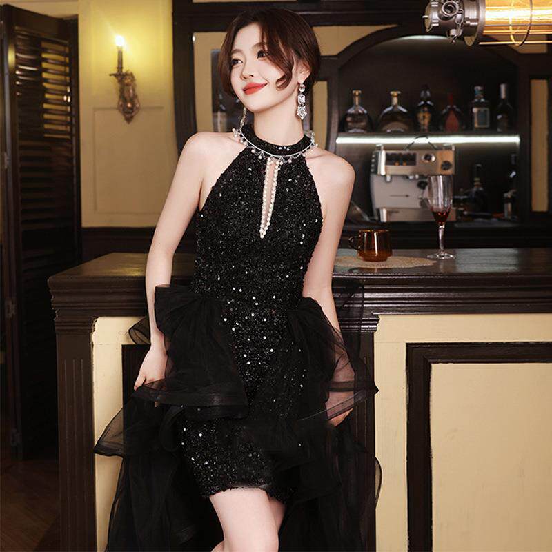 黑色小晚礼服女轻婚纱宴会风范气质亮片轻奢小众名媛跨境感连衣裙图片