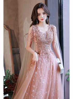 晚礼服女2026新款冬季重工长款宴会气质名媛主持人粉色星空礼服裙