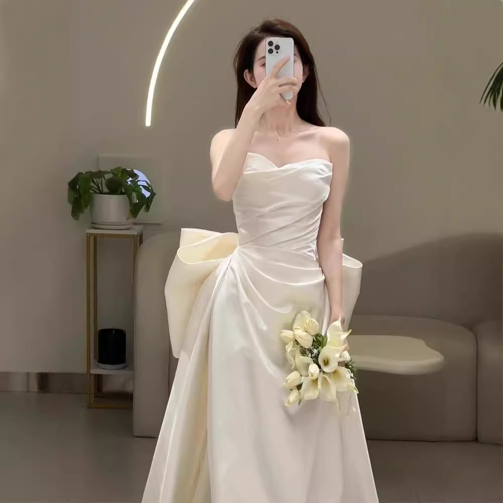 缎面鱼尾主婚纱2025新款小个子迎宾出门纱新娘抹胸礼服裙晨袍