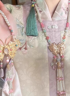 铜合金项链 中国风蝴蝶璎珞流苏项链女新中式汉服马面裙旗袍配饰
