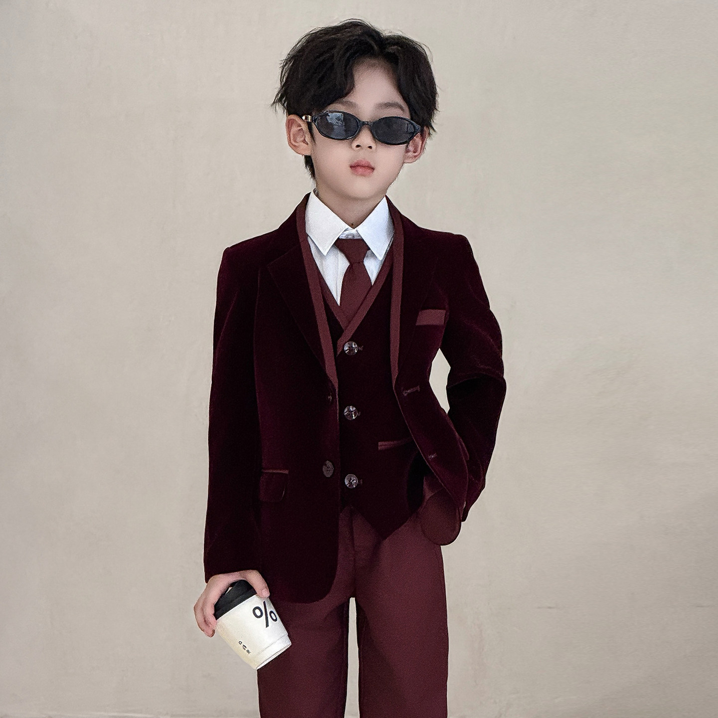 男童丝绒西装套装主持演出服