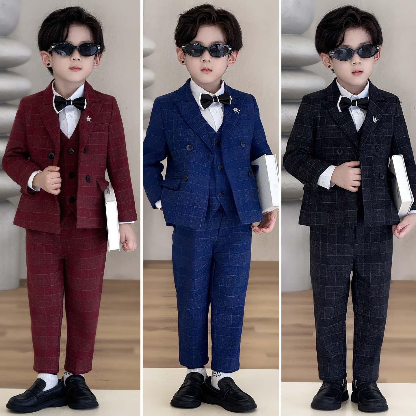 儿童西装套装2025秋冬加绒男童周岁生日花童小礼服英伦风钢琴演出