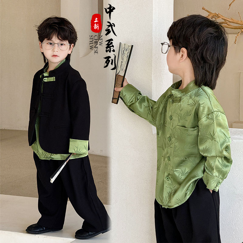男童新中式套装2025春秋新款儿童国风中式小西服帅气立领汉服外套