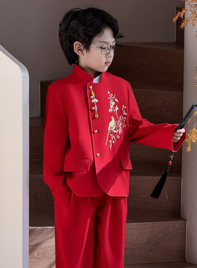 男童2026新款红色加绒国风小西服