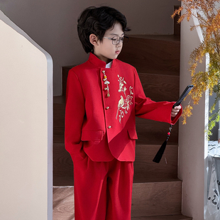 男童新中式套装2026冬季加绒儿童红色刺绣国风中山装帅气立领西服