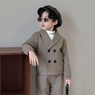 男童秋冬休闲套装2025新款儿童加厚英伦风呢子小西服帅气男孩童装