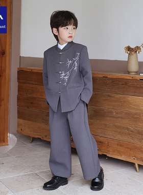 男童新中式套装2024新款中国风帅气灰色西服小男孩民国风两件套秋