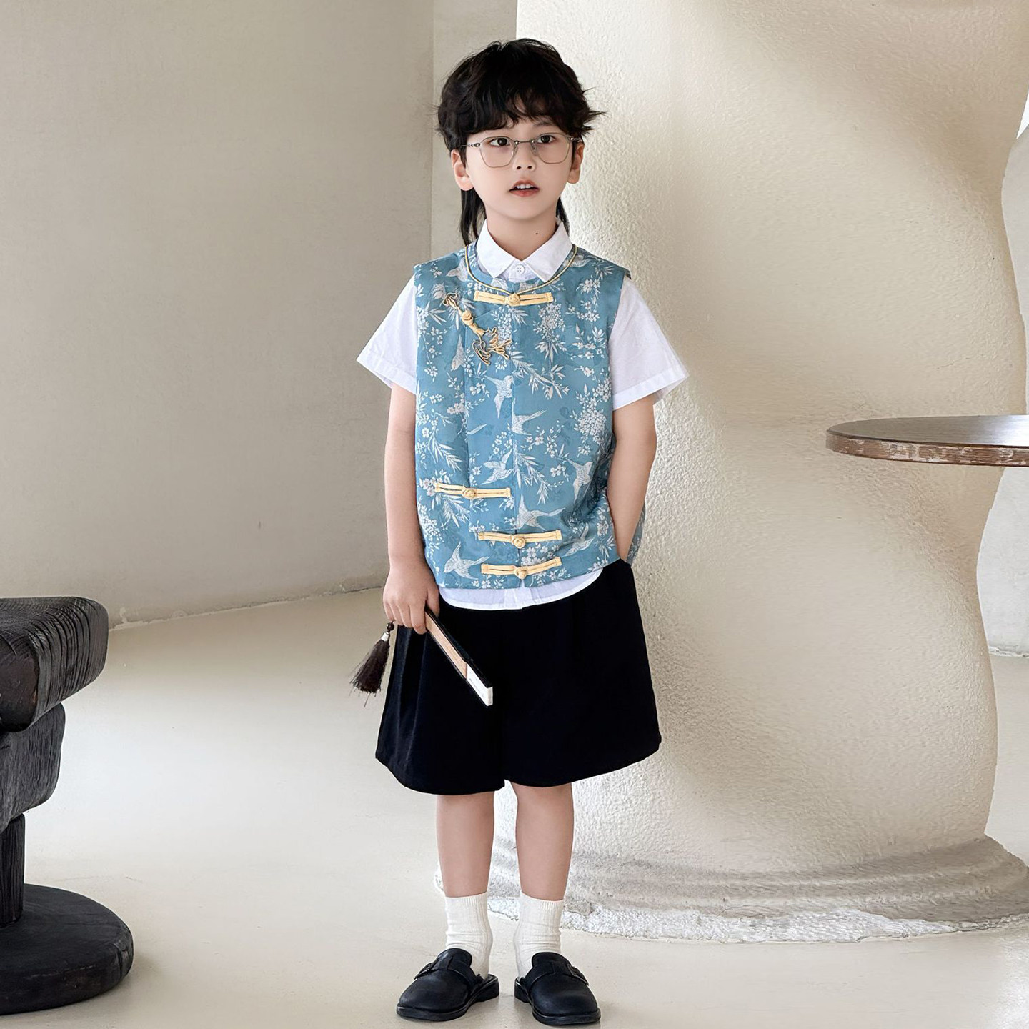 新中式童装男童汉服夏季儿童国风休闲马甲套装男孩古风小主持演出
