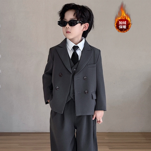 男童2025新款灰色加绒西装套装儿童生日宴礼服西服主持人表演服装