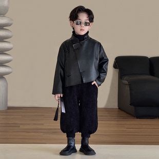 儿童皮衣外套2025秋冬新款 帅气男孩国风皮夹克上衣男童高级感外套