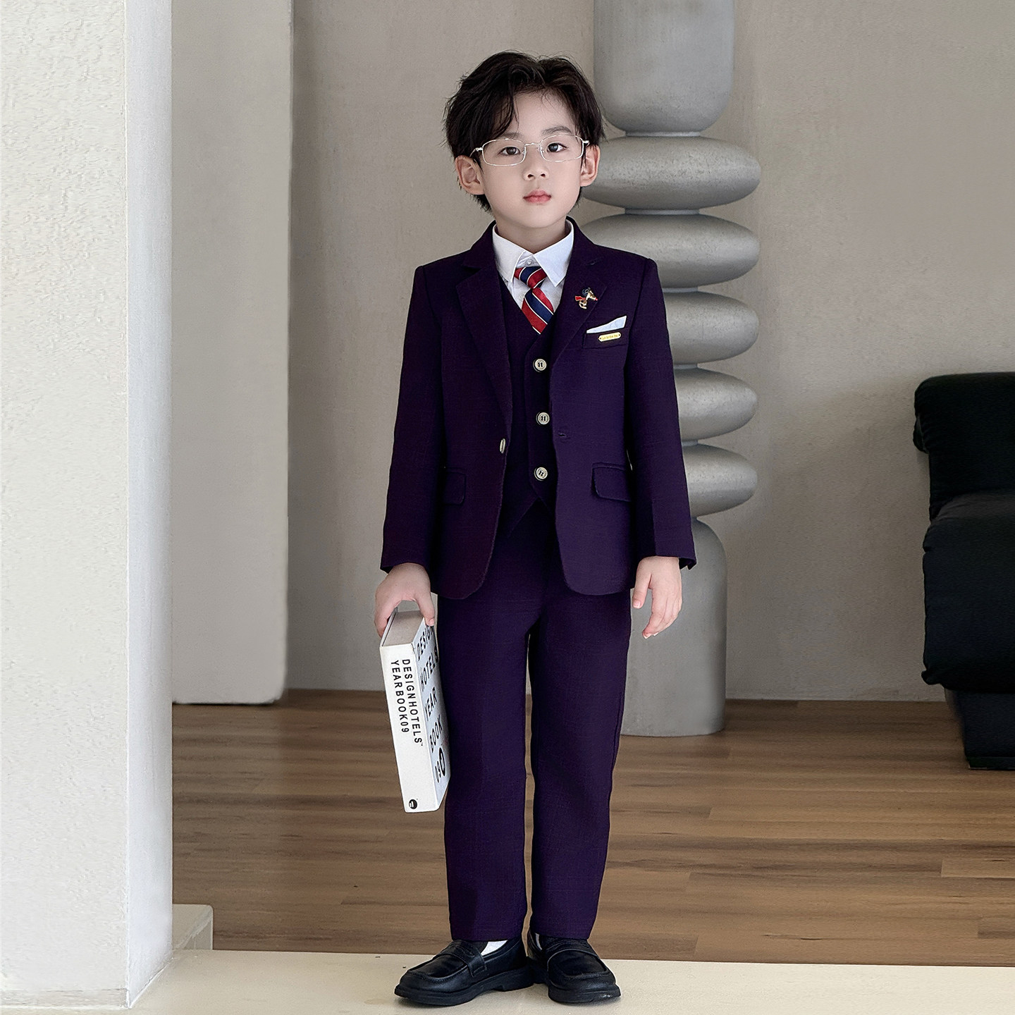 精品男童2025秋季新款西装马甲套装帅气格子西装洋气宝宝出场礼服