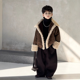 男童毛领外套2025秋冬新款 加绒儿童宝宝咖色皮衣帅气夹克潮流套装