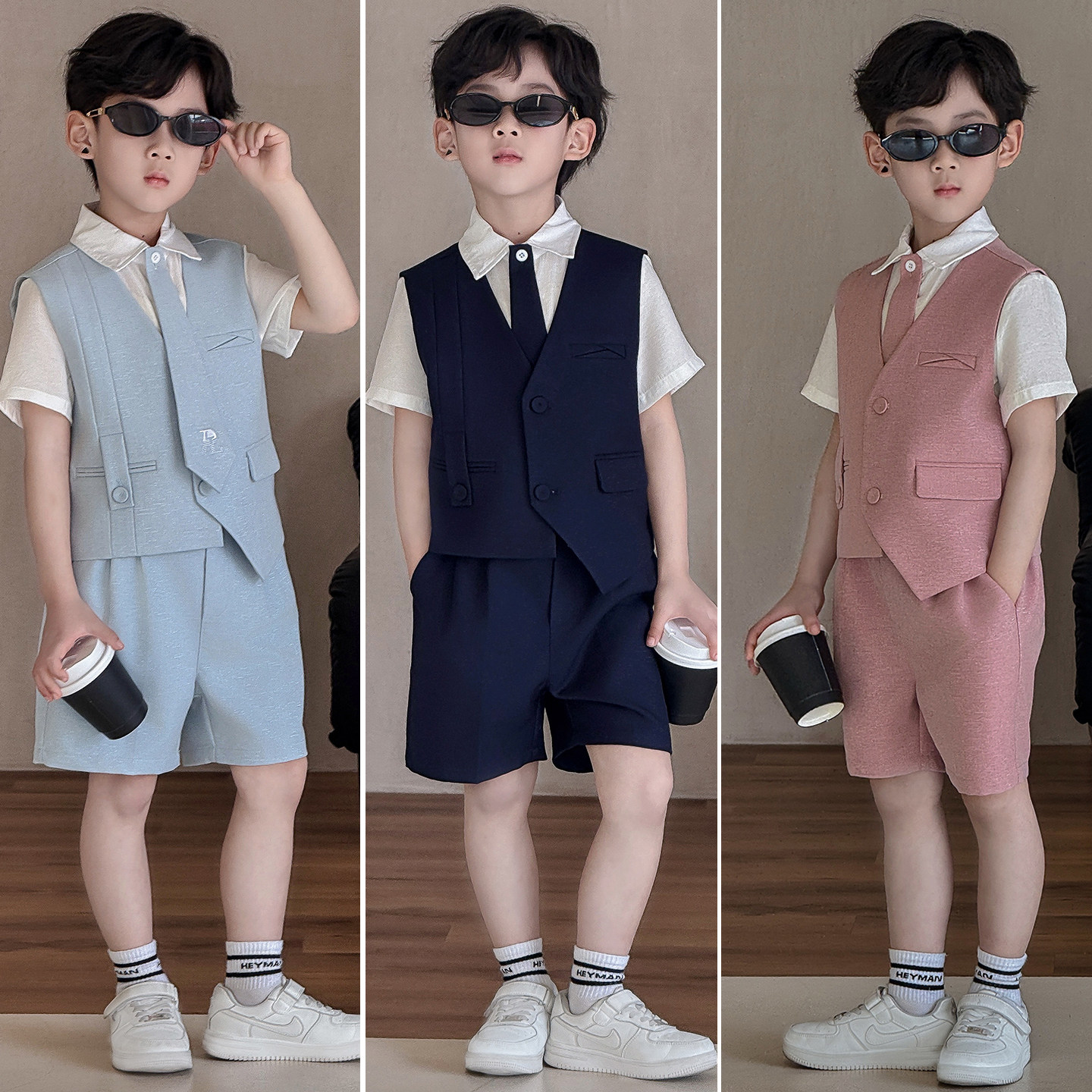 儿童夏季小西装2026新款男童花童休闲礼服帅气男孩生日主持演出服