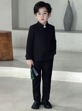 男童新中式套装2026春季新款中山装儿童帅气立领灰色主持演出西服