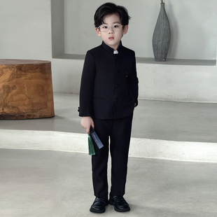 中山装 男童新中式 新款 2025秋季 儿童帅气立领灰色主持演出西服 套装