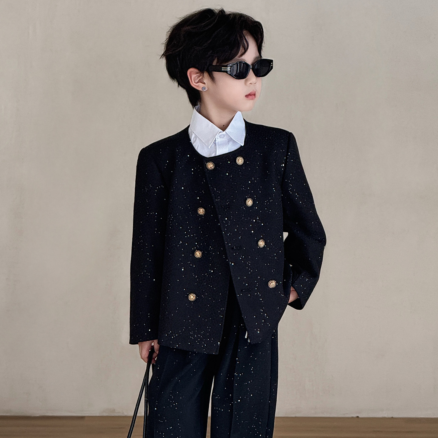 男童小香风黑色外套秋季花童礼服