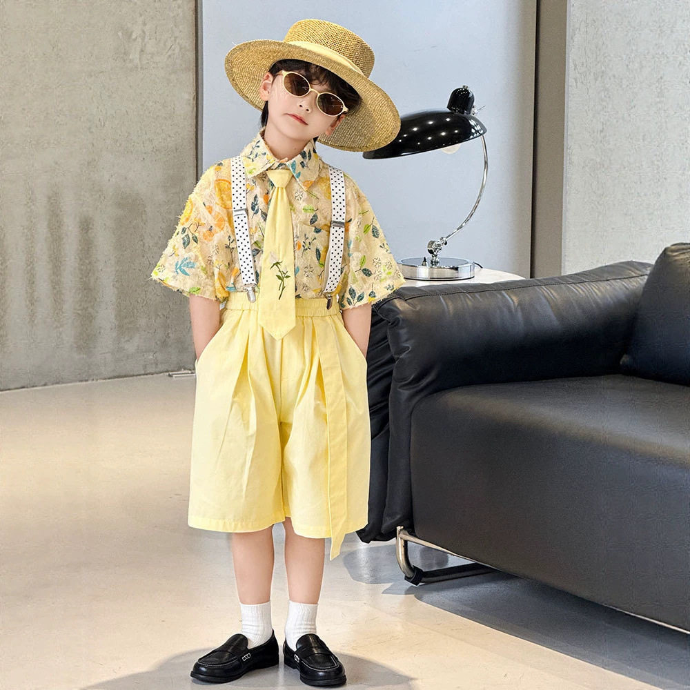 男童西服套装2026夏季新款儿童休闲背带裤演出服婚礼花童主持礼服