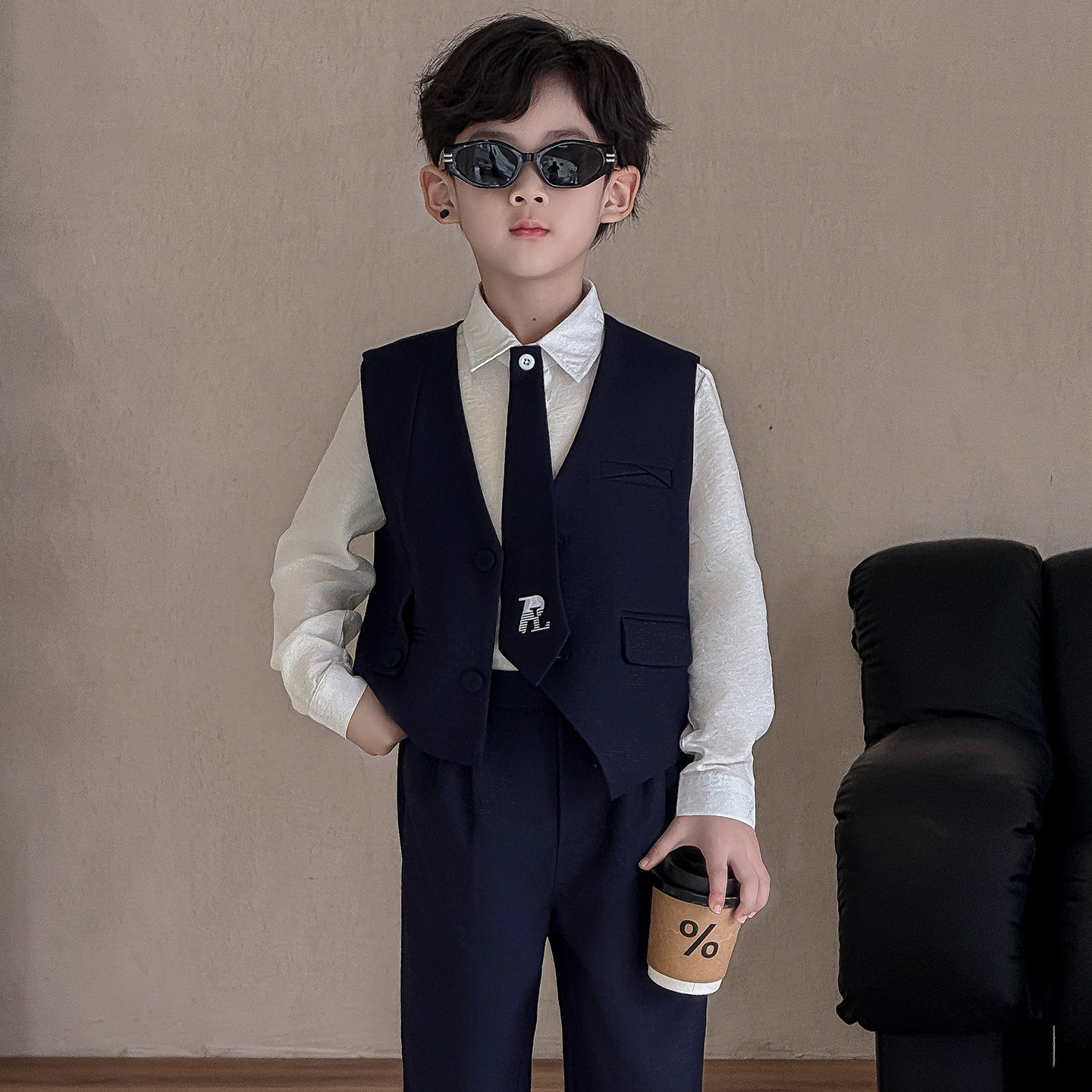 儿童春季西服绅士马甲套装男童衬衫长裤宝宝周岁宴帅气演出礼服潮
