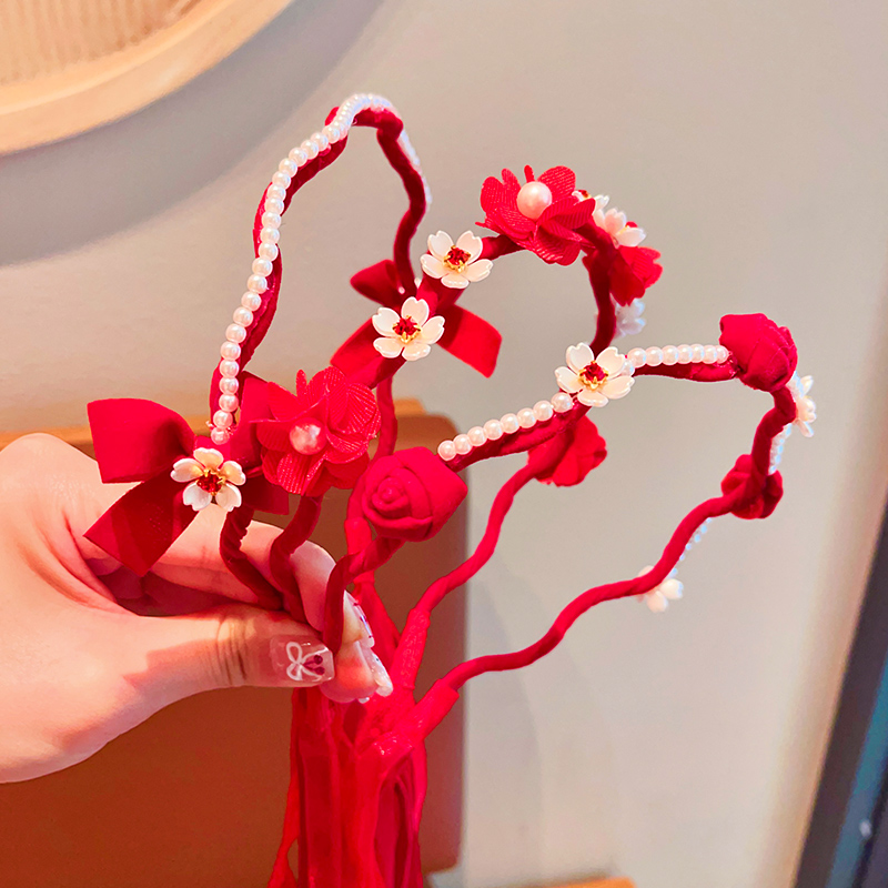 儿童新年发箍带齿防滑不勒头小女孩发卡飘带宝宝公主头箍红色花朵