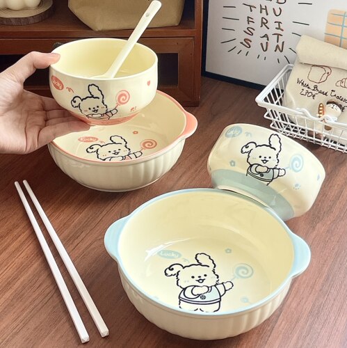 面条碗双耳碗陶瓷汤碗菜碗碗盘家用新款碗高颜值餐具特别漂亮的碗