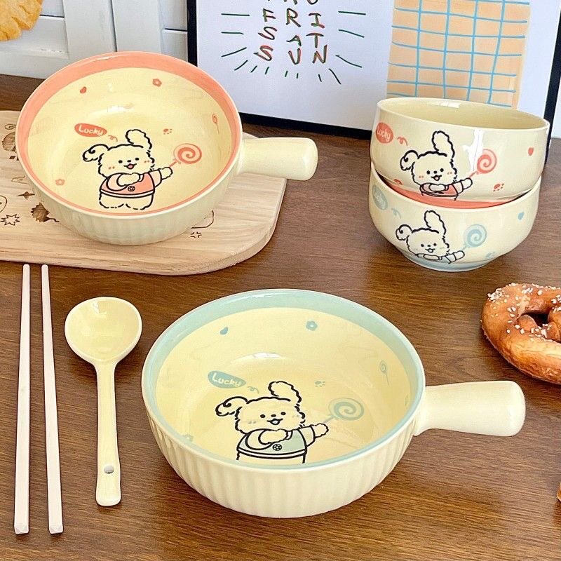 手柄碗冷面碗碗漂亮汤面碗碗儿童专用有趣的餐具一人食仪式感餐具