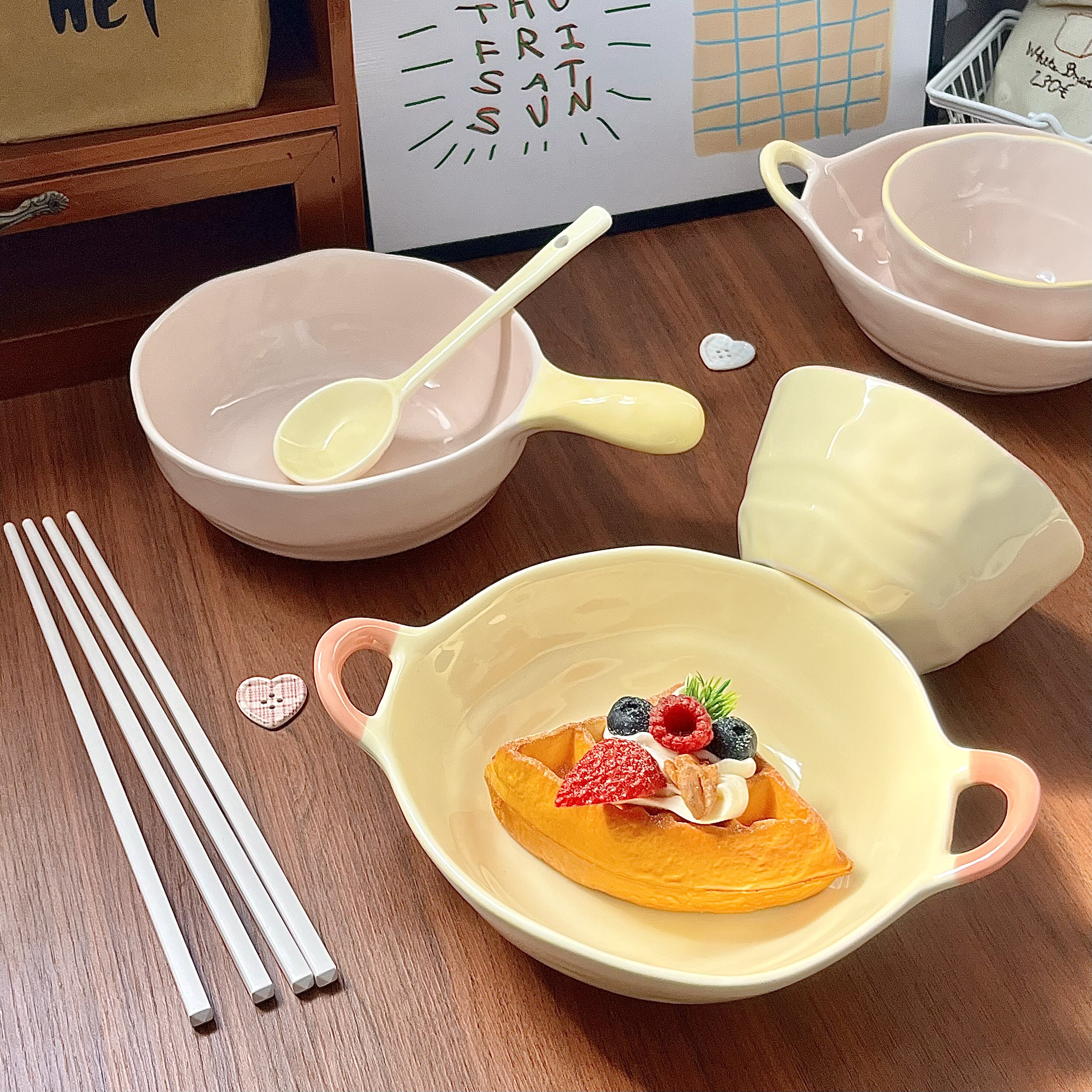 手柄碗双耳碗陶瓷汤碗个人专用饭碗漂亮餐具套装特别好看的汤面碗