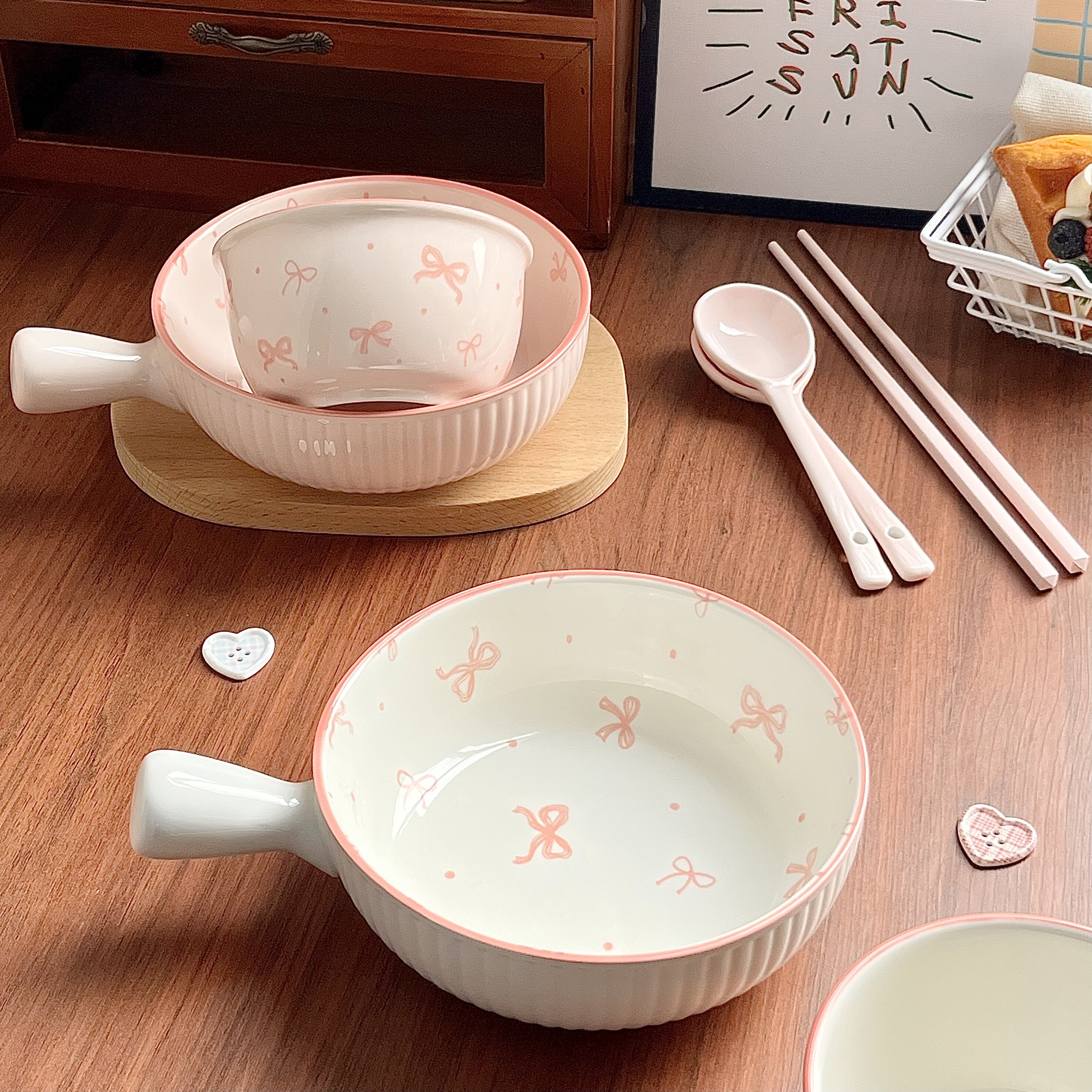 碗泡面碗手柄碗陶瓷碗儿童饭碗个人专用碗具家用套装漂亮餐具套装