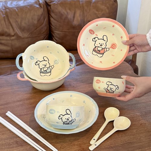 盘子双耳汤碗微波炉加热碗漂亮水果碗一人食餐具套装新款陶瓷餐具