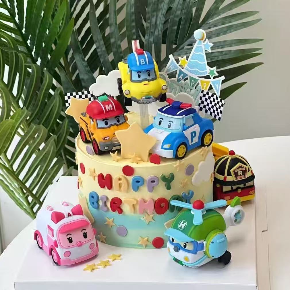 网红卡通可爱变形警车珀利警长蛋糕装饰摆件儿童生日烘焙装扮插件
