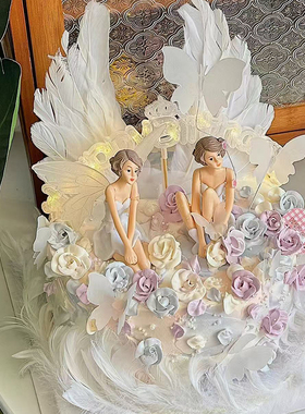 卡通花仙子女孩生日蛋糕装饰摆件天使羽毛皇冠月亮烘焙装扮插件