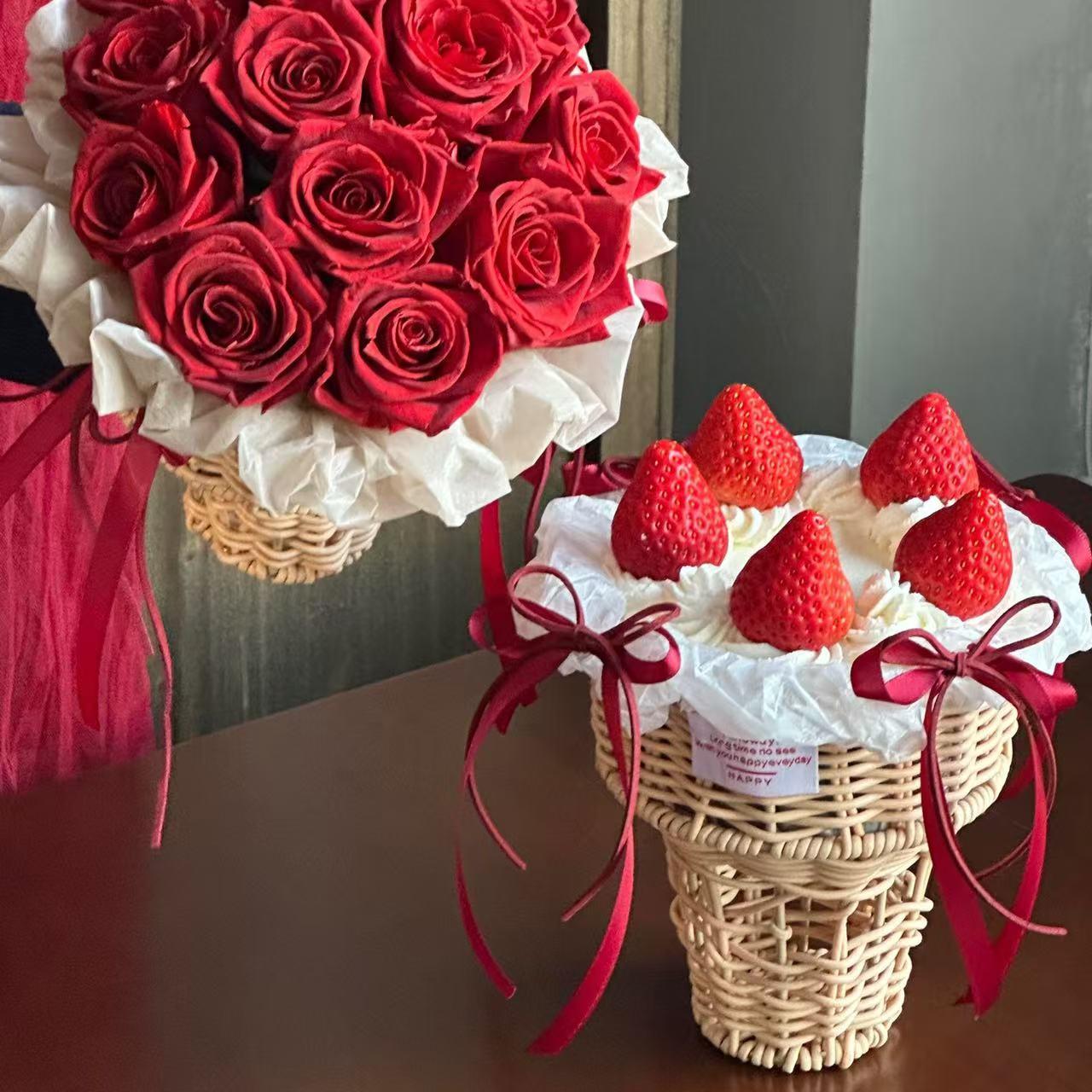 2025网红新年快乐冰淇淋编织篮草莓蛋糕装饰红色丝带甜品装扮插件