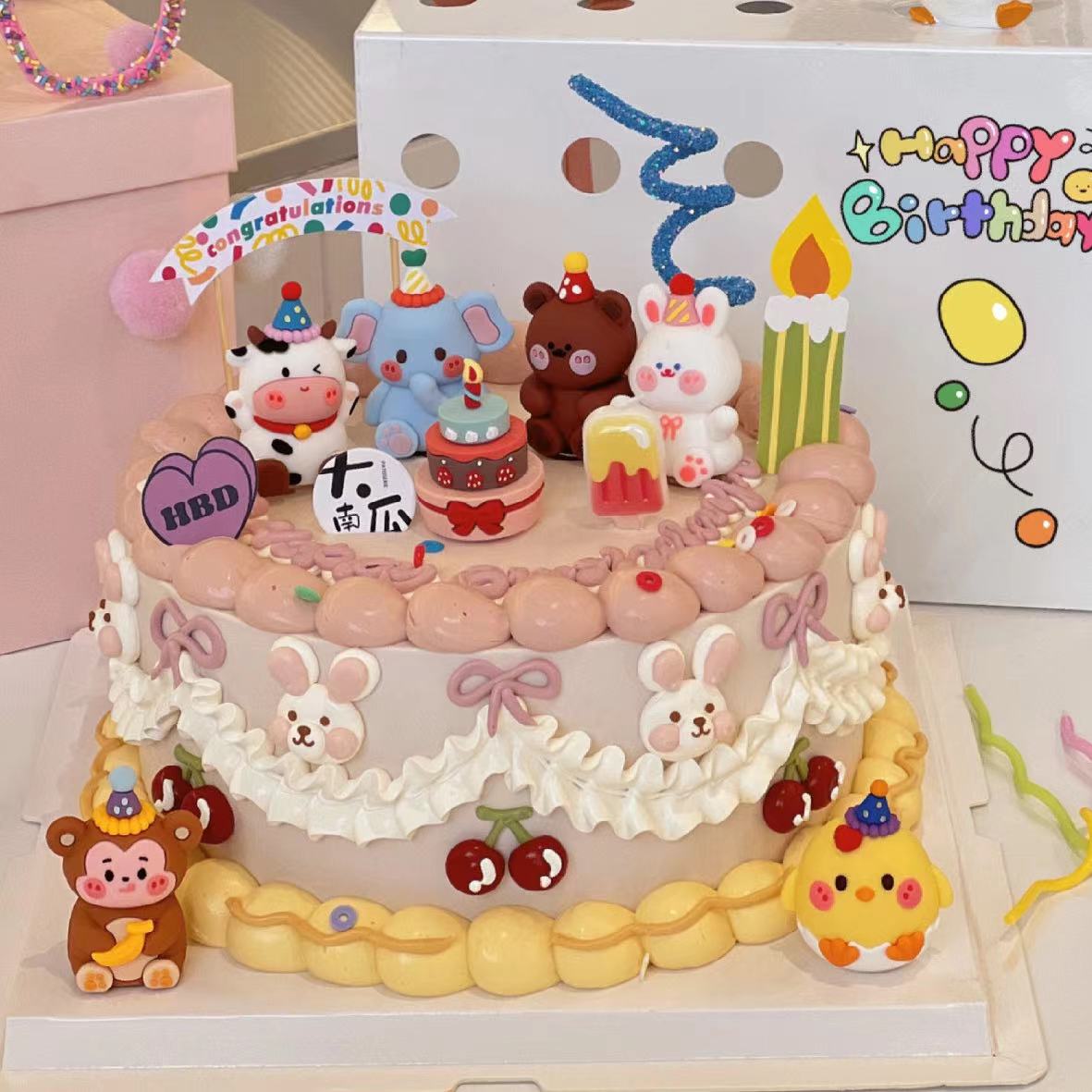 ins风复古立体小动物蛋糕装饰 小熊小兔小猪小牛小狗生日蛋糕插件