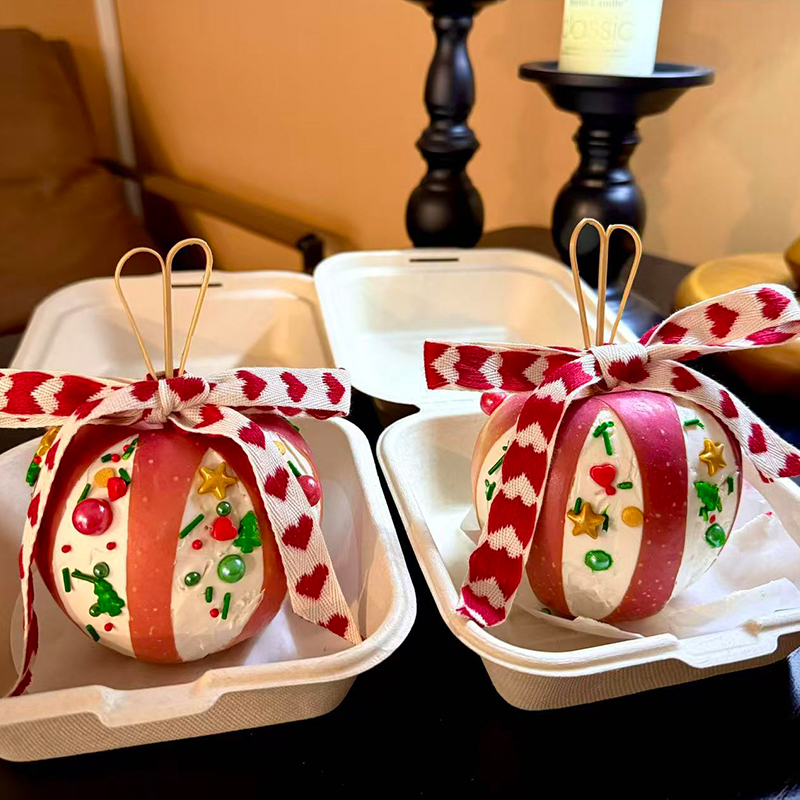 2025爆款圣诞立体苹果酸奶球包装盒纸浆碗冷萃夹苹果糖甜品打包盒