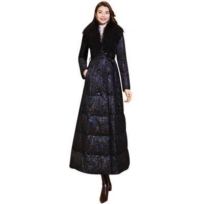 滩羊毛领黑色羽绒服女冬2025年新款白鸭绒时尚收腰超长款过膝加厚