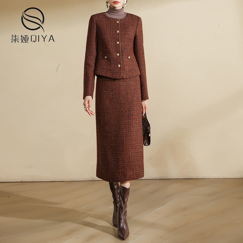 清仓福利焦糖色小香风套装女秋冬高级气质粗花呢短外套两件套裙,女装/女士精品,时尚套装,淘宝优惠券,粉丝福利购,淘宝优惠卷