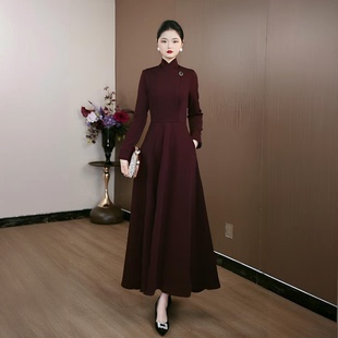 清仓秋冬加绒加厚长款连衣裙收腰过膝超长保暖优雅气质喜妈妈长裙